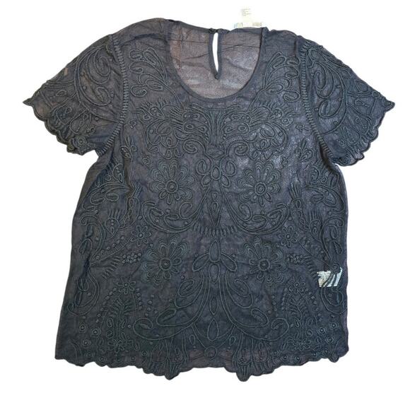 Forever 21 Womens Top Sz S Black Floral Sheer Lace Short Sleeve Round Neck - Picture 1 of 6